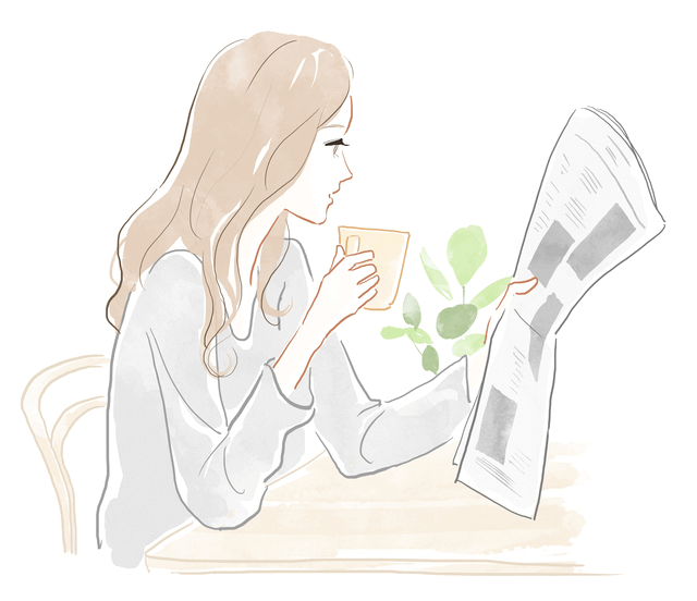 イラスト：自宅でコーヒーを飲みながら新聞をチェックする女性秘書