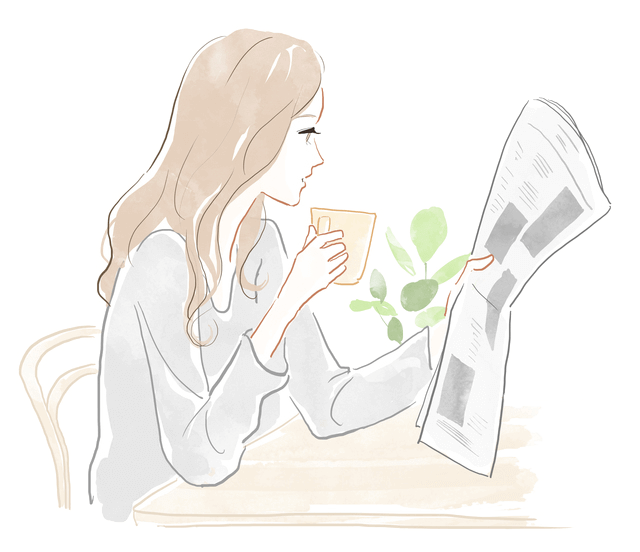 イラスト:自宅でコーヒーを飲みながら新聞をチェックする女性秘書